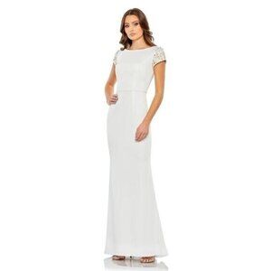 Mac Duggal Womens Size 4 White Beaded Cap Sleeve Formal Wedding Prom Dress Gown